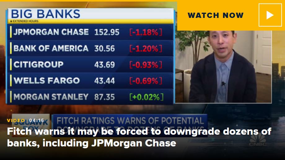 Fitch warns it may be forced to downgrade dozens of banks, including JPMorgan&nbsp;Chase