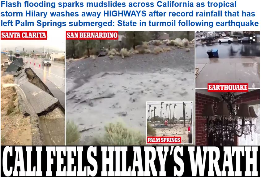 Mudslides sweep across California as flash flooding from Tropical Storm Hilary washes away HIGHWAYS after record rainfall that left desert cities such as Palm Springs submerged: State in turmoil following&nbsp;earthquake