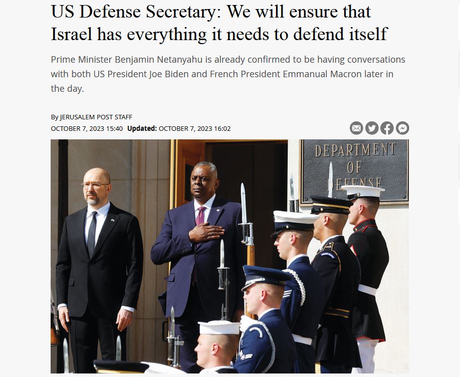 US Defense Secretary: We will ensure that Israel has everything it needs to defend&nbsp;itself