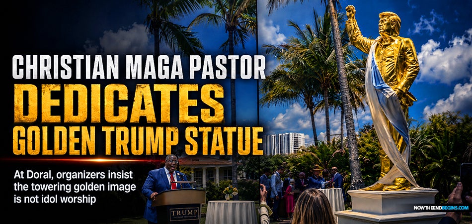 EXCLUSIVE: “Christian” MAGA Pastor Mark Burns Dedicates Towering Golden Trump Statue At Doral While Insisting The Political Graven Image Is ‘Not A Golden&nbsp;Calf’