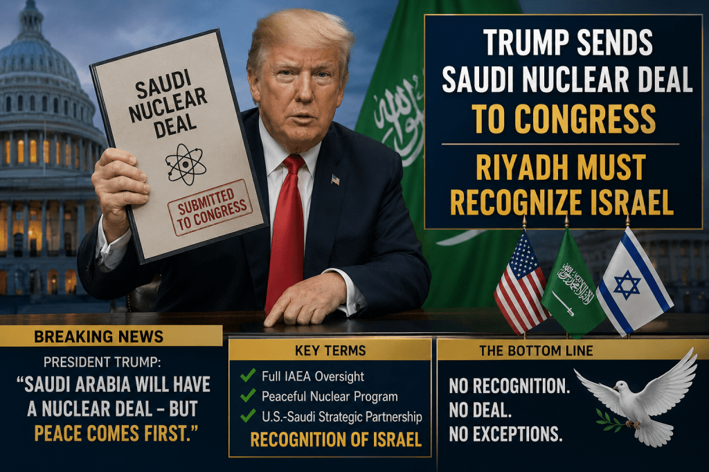 Trump sends Saudi nuclear deal to Congress but says Riyadh must recognize&nbsp;Israel