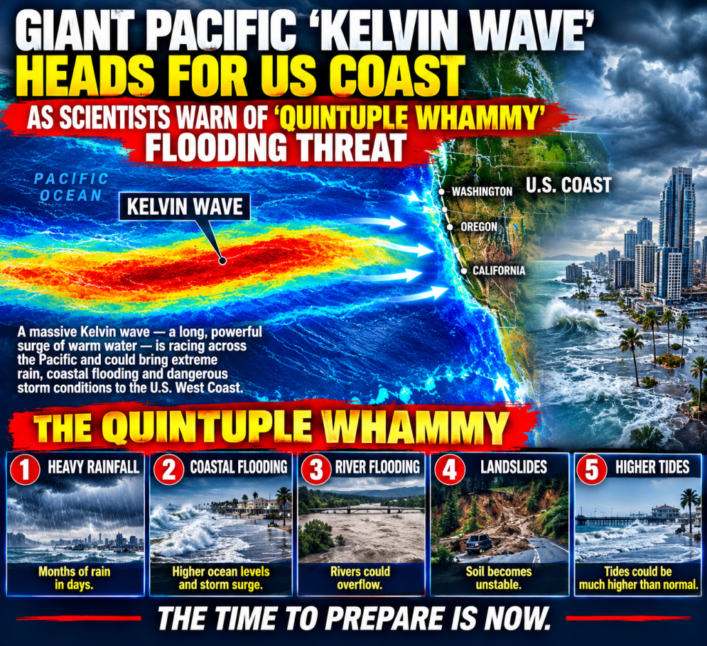 Giant Pacific ‘wave’ heads for US coast as scientists warn of ‘quintuple whammy’ flooding&nbsp;threat